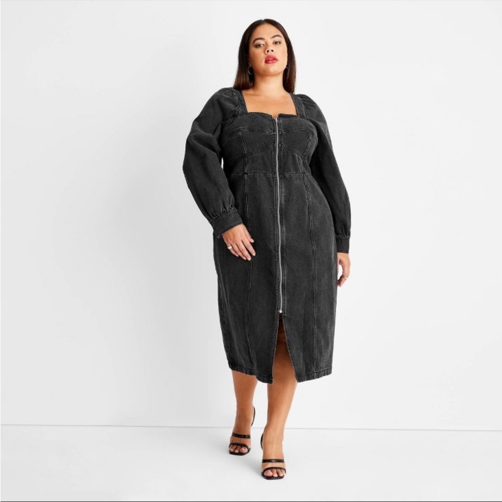 Future Collective Kahlana Barfield Brown Long Sleeve Zip-Front Denim Dress